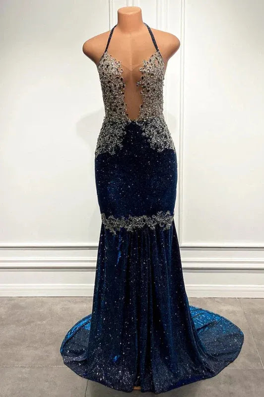 Glamorous Mermaid Halter Beaded Navy Evening Dress For Ladies Hot Sale
