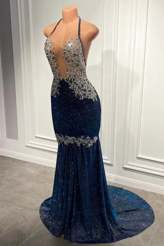Glamorous Mermaid Halter Beaded Navy Evening Dress For Ladies Hot Sale