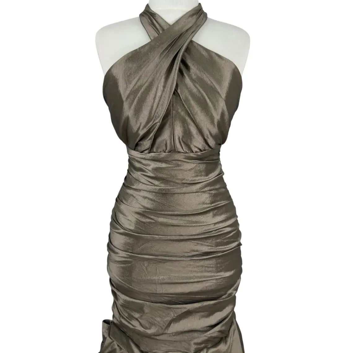 Glamorous Mermaid Halter Ruched 3D Floral Taffeta Bronze Floor-Length Prom Dress