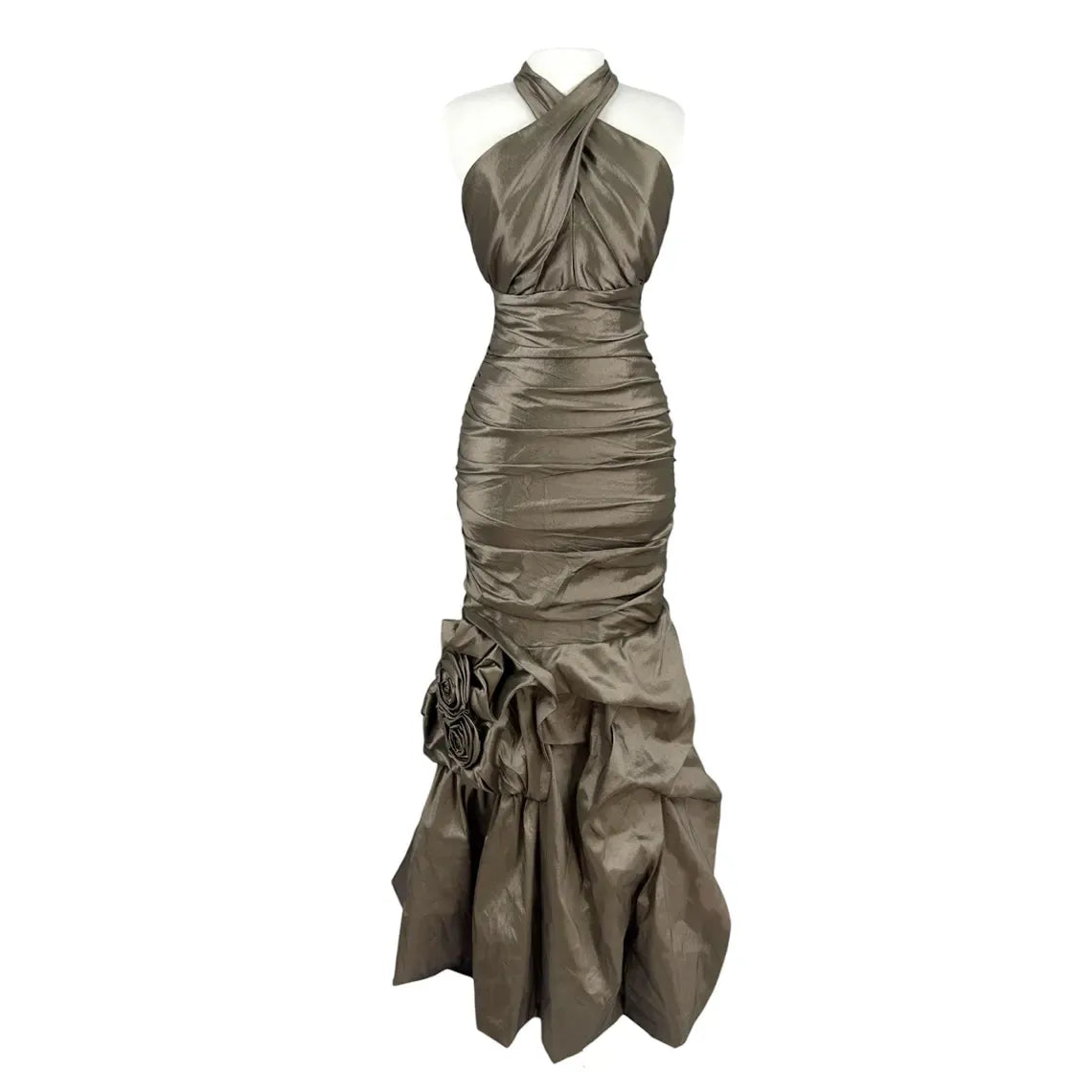 Glamorous Mermaid Halter Ruched 3D Floral Taffeta Bronze Floor-Length Prom Dress