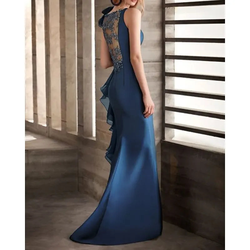 Glamorous Mermaid Boat Neck Beaded Ruffled Navy Floor-Length Evening Dress For Women Ready To Ship