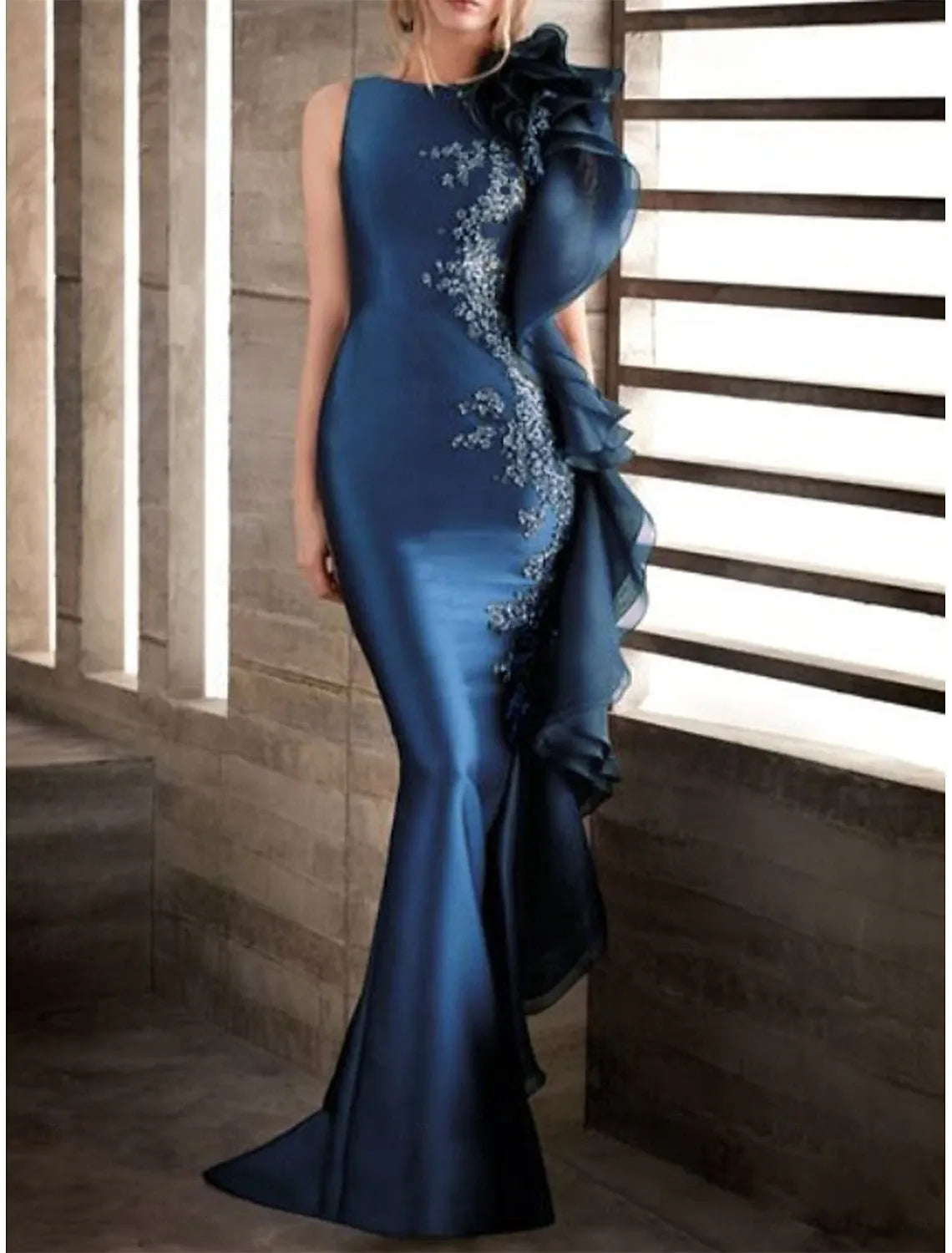 Glamorous Mermaid Boat Neck Beaded Ruffled Navy Floor-Length Evening Dress For Women Ready To Ship