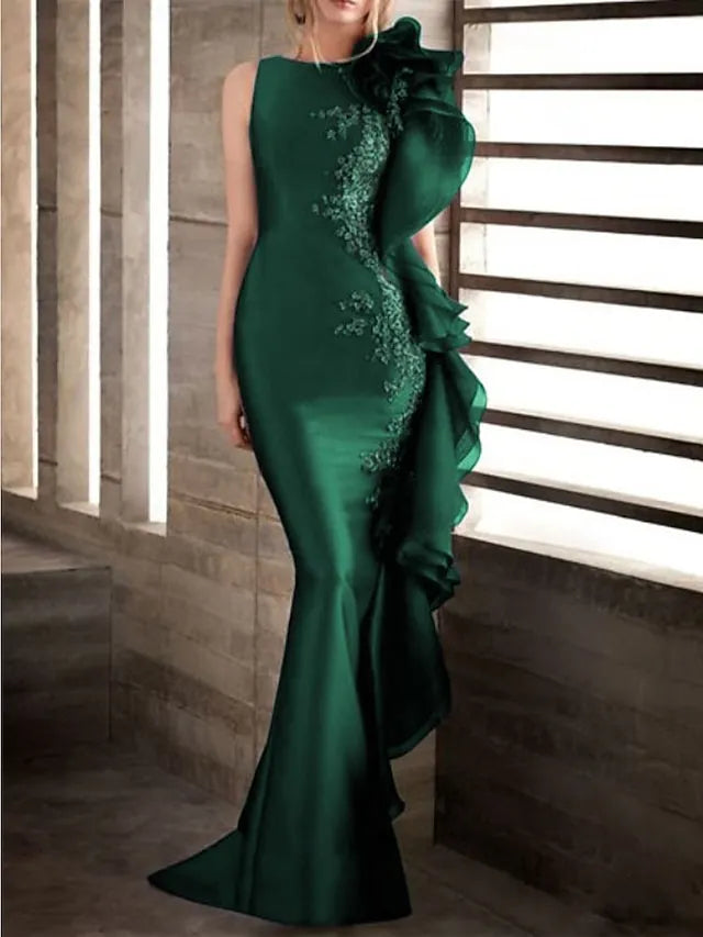 Glamorous Mermaid Boat Neck Beaded Ruffled Navy Floor-Length Evening Dress For Women Ready To Ship