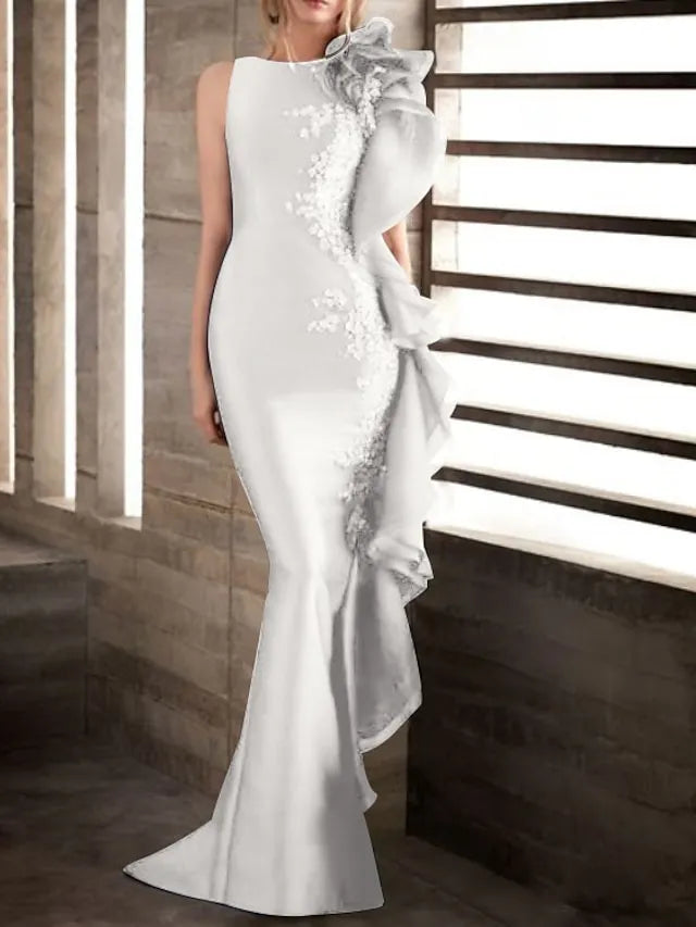 Glamorous Mermaid Boat Neck Beaded Ruffled Navy Floor-Length Evening Dress For Women Ready To Ship