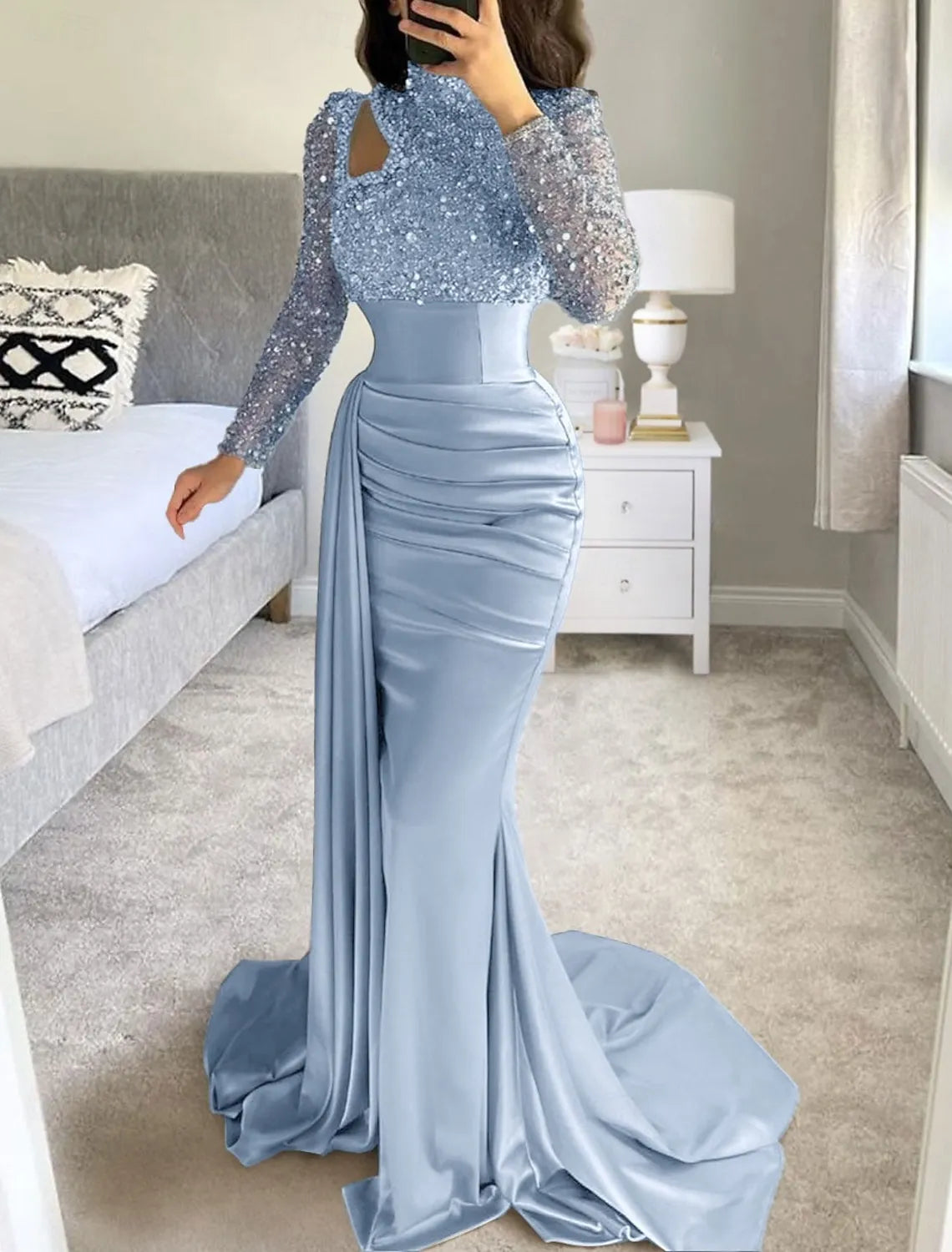 Glamorous Mermaid High Neck Long-sleeved Sequin Sky Blue Maxi Evening Dress for Women Custom