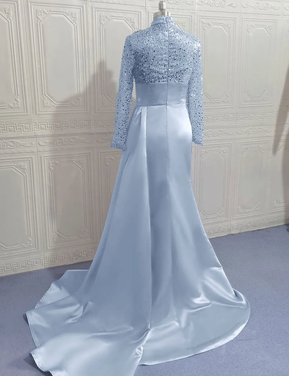 Glamorous Mermaid High Neck Long-sleeved Sequin Sky Blue Maxi Evening Dress for Women Custom