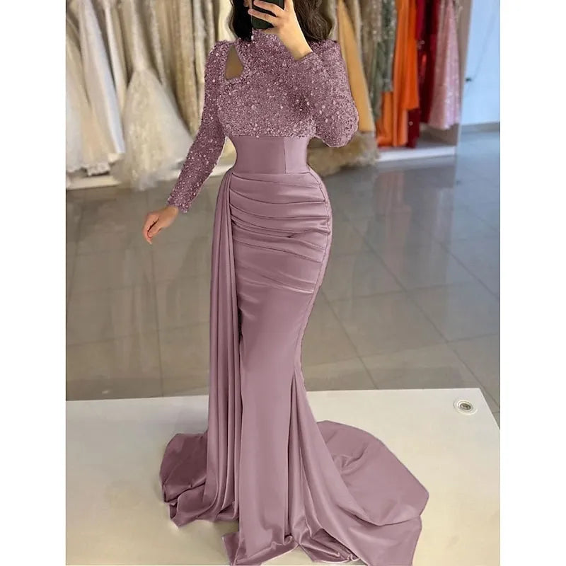 Glamorous Mermaid High Neck Long-sleeved Sequin Sky Blue Maxi Evening Dress for Women Custom