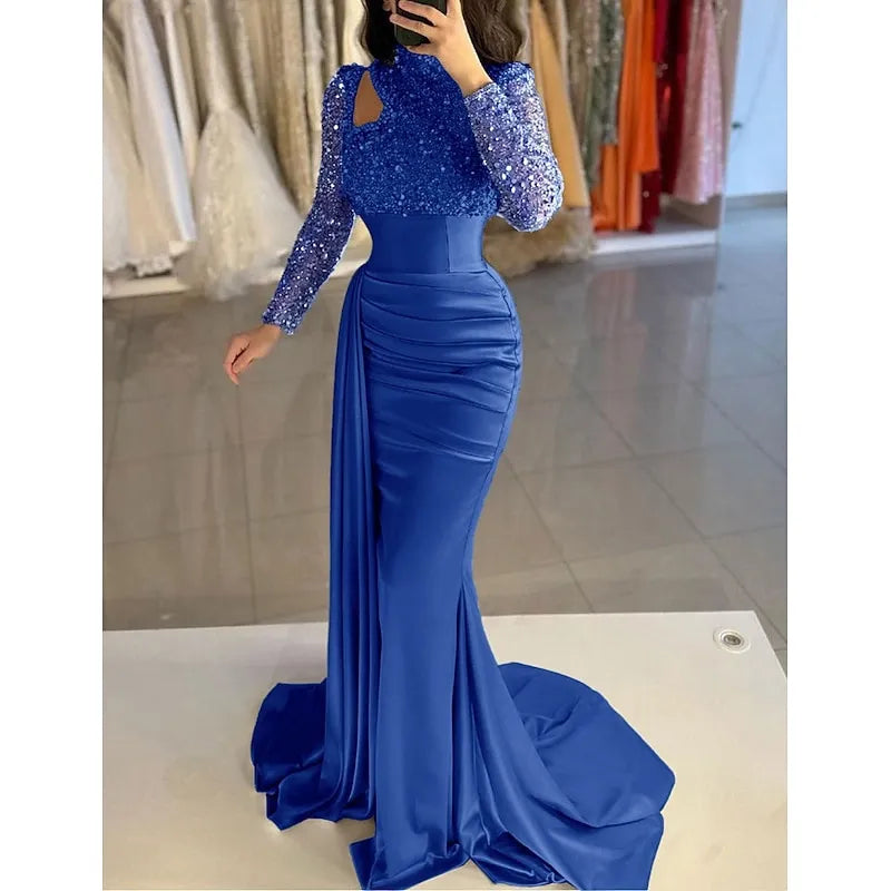 Glamorous Mermaid High Neck Long-sleeved Sequin Sky Blue Maxi Evening Dress for Women Custom
