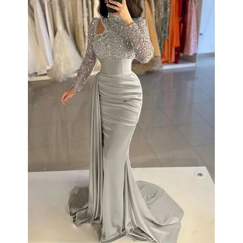 Glamorous Mermaid High Neck Long-sleeved Sequin Sky Blue Maxi Evening Dress for Women Custom