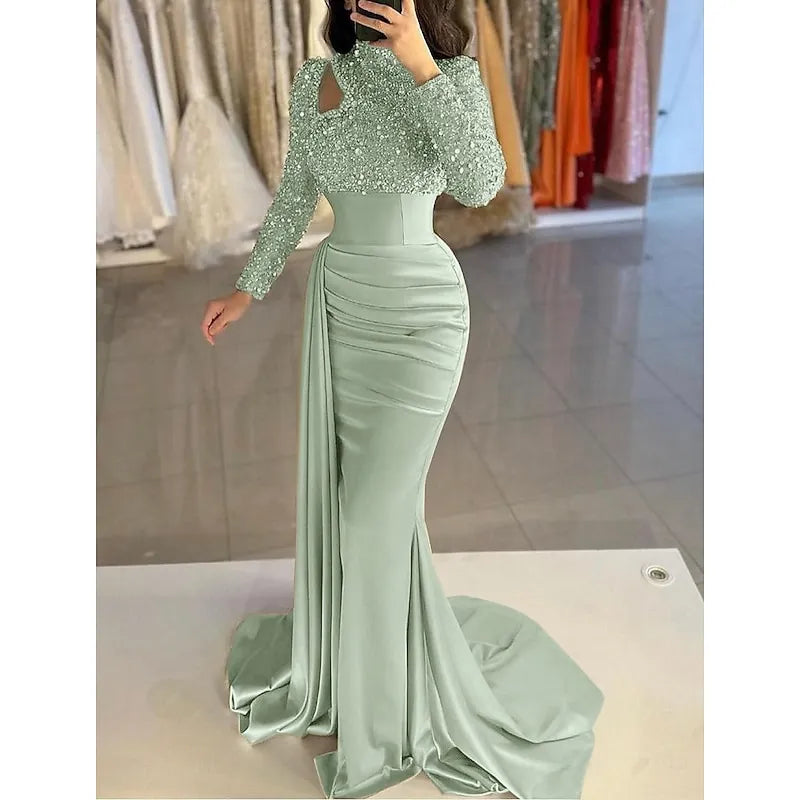 Glamorous Mermaid High Neck Long-sleeved Sequin Sky Blue Maxi Evening Dress for Women Custom