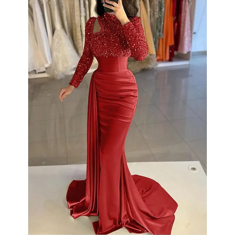 Glamorous Mermaid High Neck Long-sleeved Sequin Sky Blue Maxi Evening Dress for Women Custom