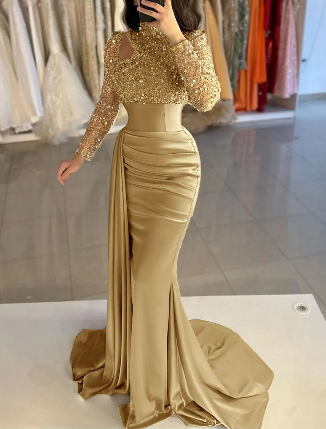 Glamorous Mermaid High Neck Long-sleeved Sequin Sky Blue Maxi Evening Dress for Women Custom