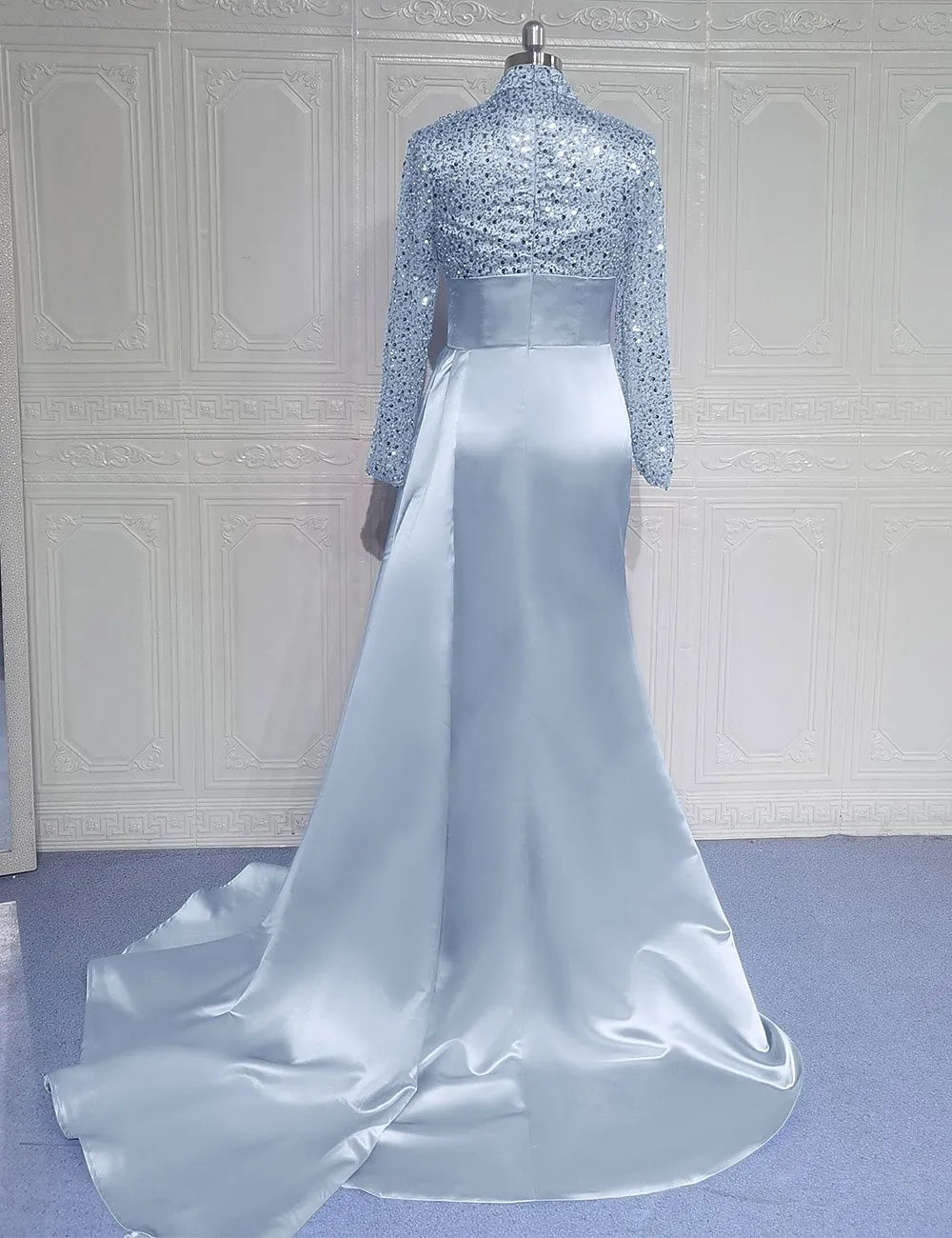 Glamorous Mermaid High Neck Long-sleeved Sequin Sky Blue Maxi Evening Dress for Women Custom