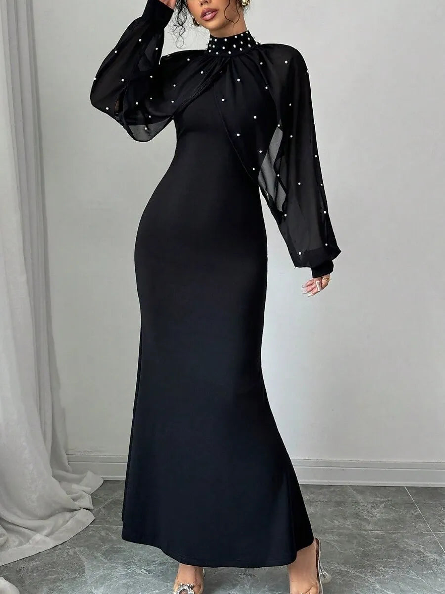 Glamorous Mermaid High Neck Long Sleeve Beaded Black Maxi Evening Dress for Women Hot Sale