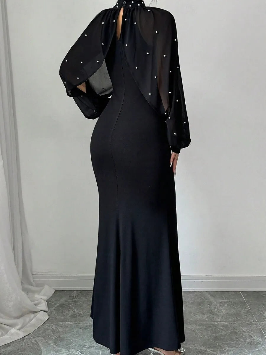 Glamorous Mermaid High Neck Long Sleeve Beaded Black Maxi Evening Dress for Women Hot Sale