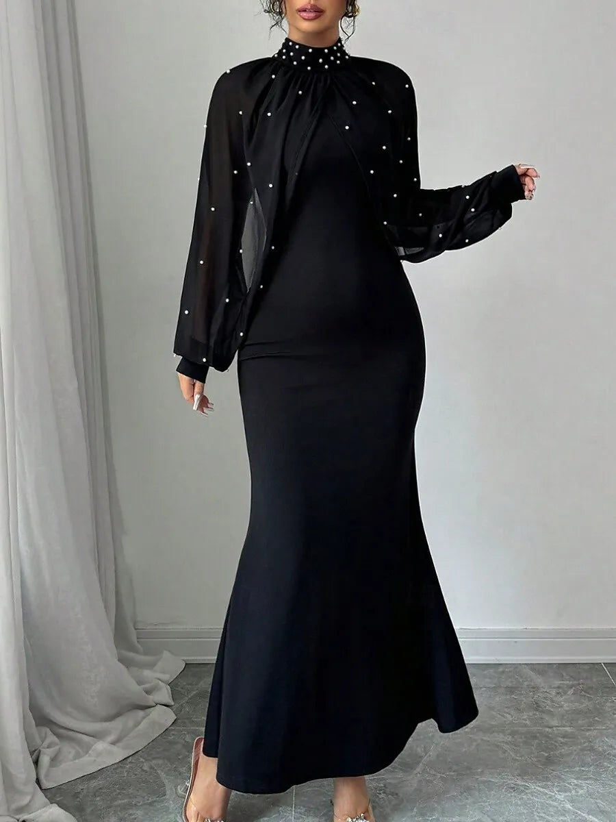 Glamorous Mermaid High Neck Long Sleeve Beaded Black Maxi Evening Dress for Women Hot Sale