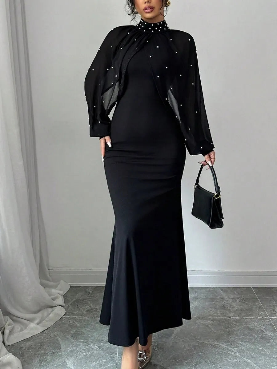 Glamorous Mermaid High Neck Long Sleeve Beaded Black Maxi Evening Dress for Women Hot Sale