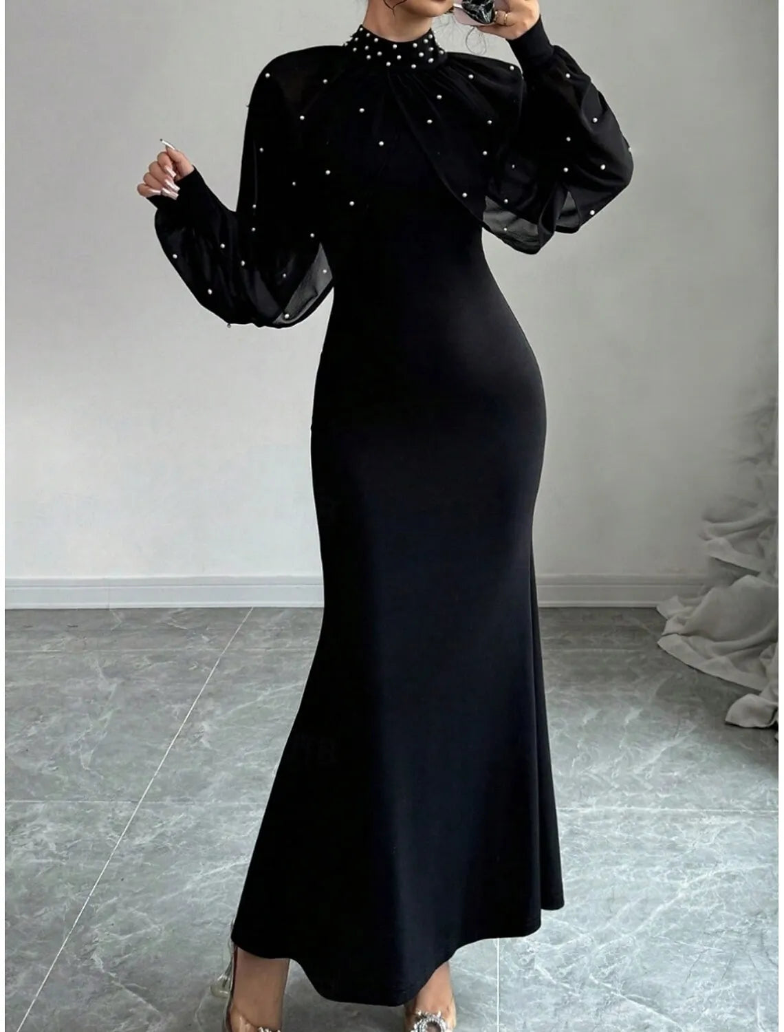 Glamorous Mermaid High Neck Long Sleeve Beaded Black Maxi Evening Dress for Women Hot Sale