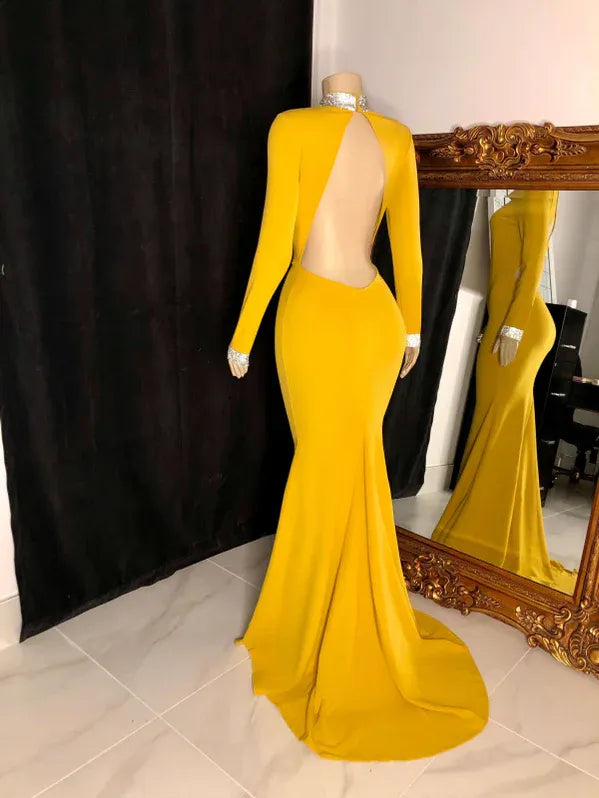 Glamorous Mermaid High Neck Long Sleeve Beaded Mustard Floor-Length Evening Dress For Women
