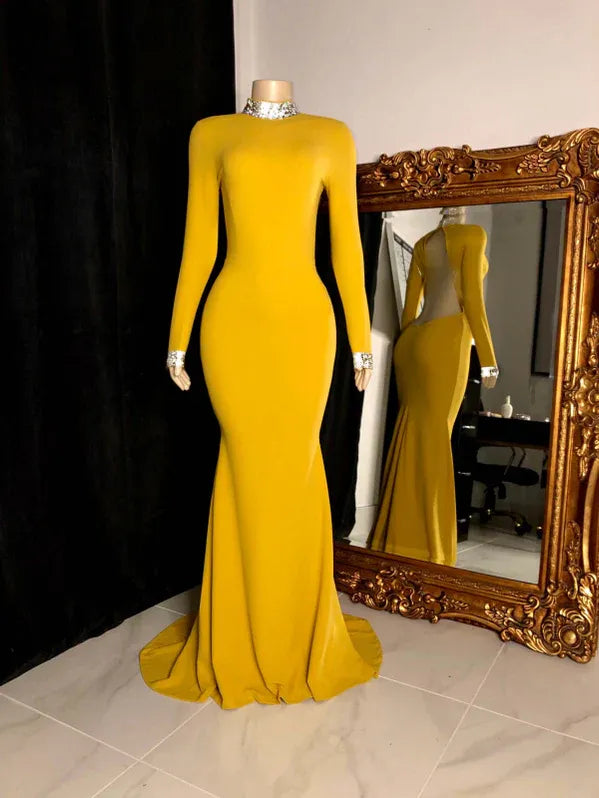 Glamorous Mermaid High Neck Long Sleeve Beaded Mustard Floor-Length Evening Dress For Women