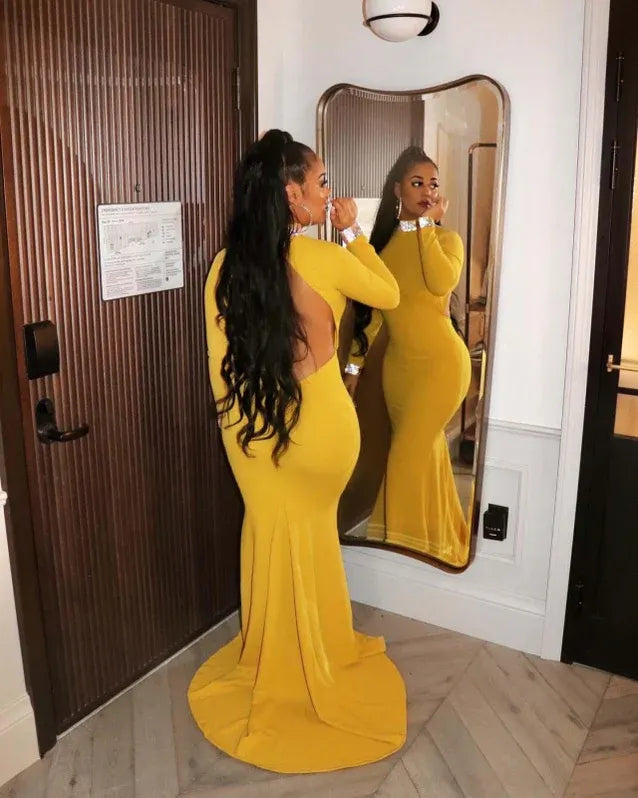 Glamorous Mermaid High Neck Long Sleeve Beaded Mustard Floor-Length Evening Dress For Women