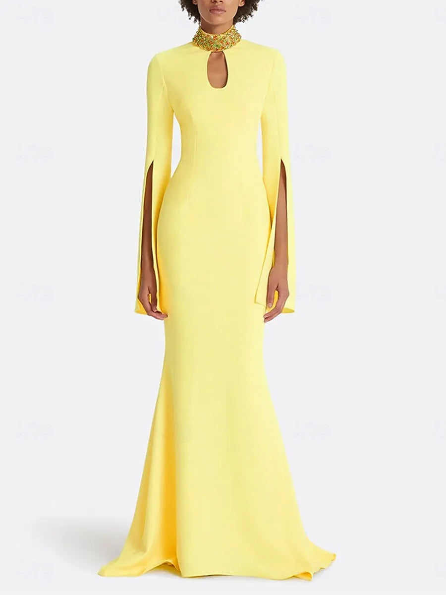 Glamorous Mermaid High Neck Slit Sleeve Beaded Yellow Evening Dress For Sale