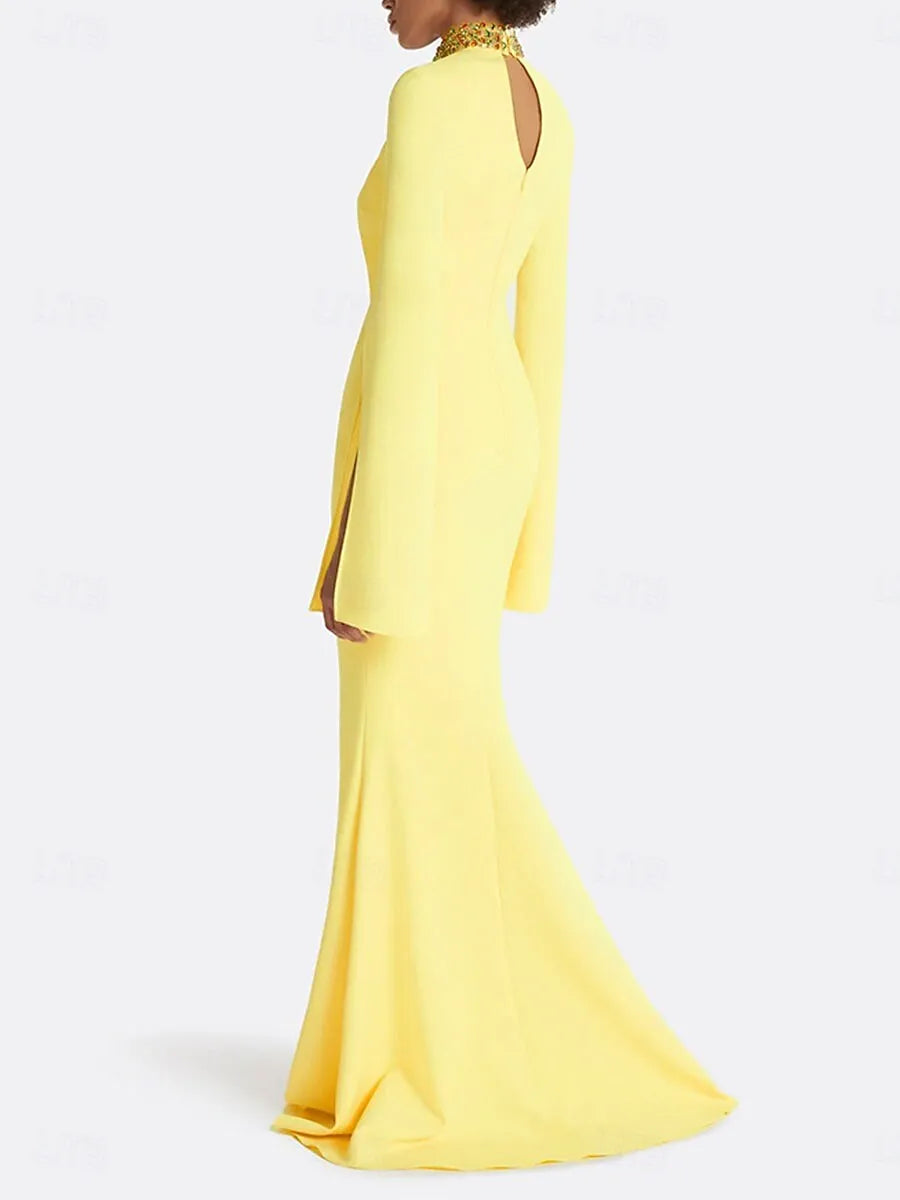 Glamorous Mermaid High Neck Slit Sleeve Beaded Yellow Evening Dress For Sale