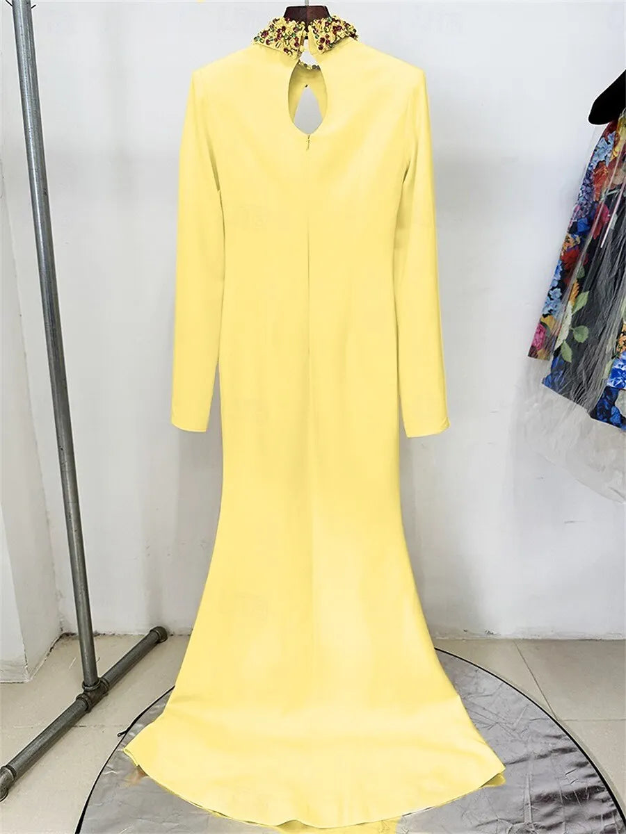Glamorous Mermaid High Neck Slit Sleeve Beaded Yellow Evening Dress For Sale