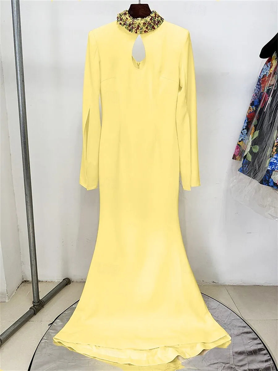 Glamorous Mermaid High Neck Slit Sleeve Beaded Yellow Evening Dress For Sale