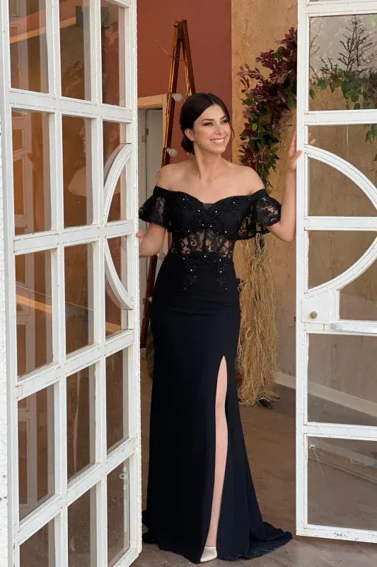 Glamorous Mermaid Off-the-shoulder Short-sleeve Beaded Black Floor-length Prom Dress for Women Ready to Ship