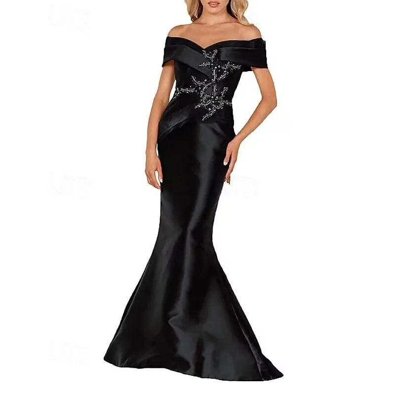 Glamorous Mermaid Off Shoulder Beaded Applique Black White Evening Dress For Sale