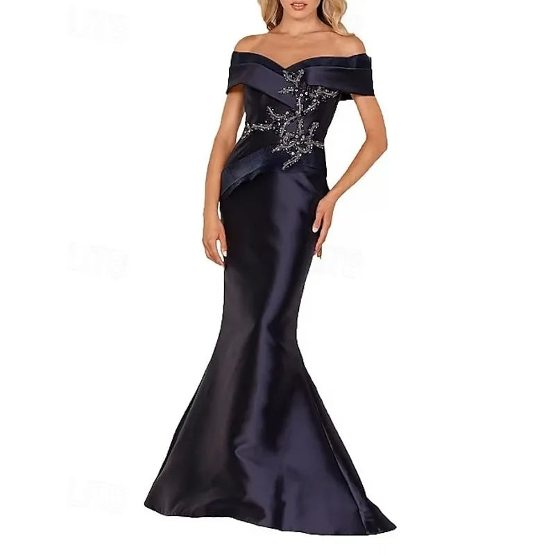 Glamorous Mermaid Off Shoulder Beaded Applique Black White Evening Dress For Sale