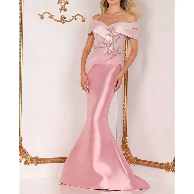 Glamorous Mermaid Off Shoulder Beaded Applique Black White Evening Dress For Sale