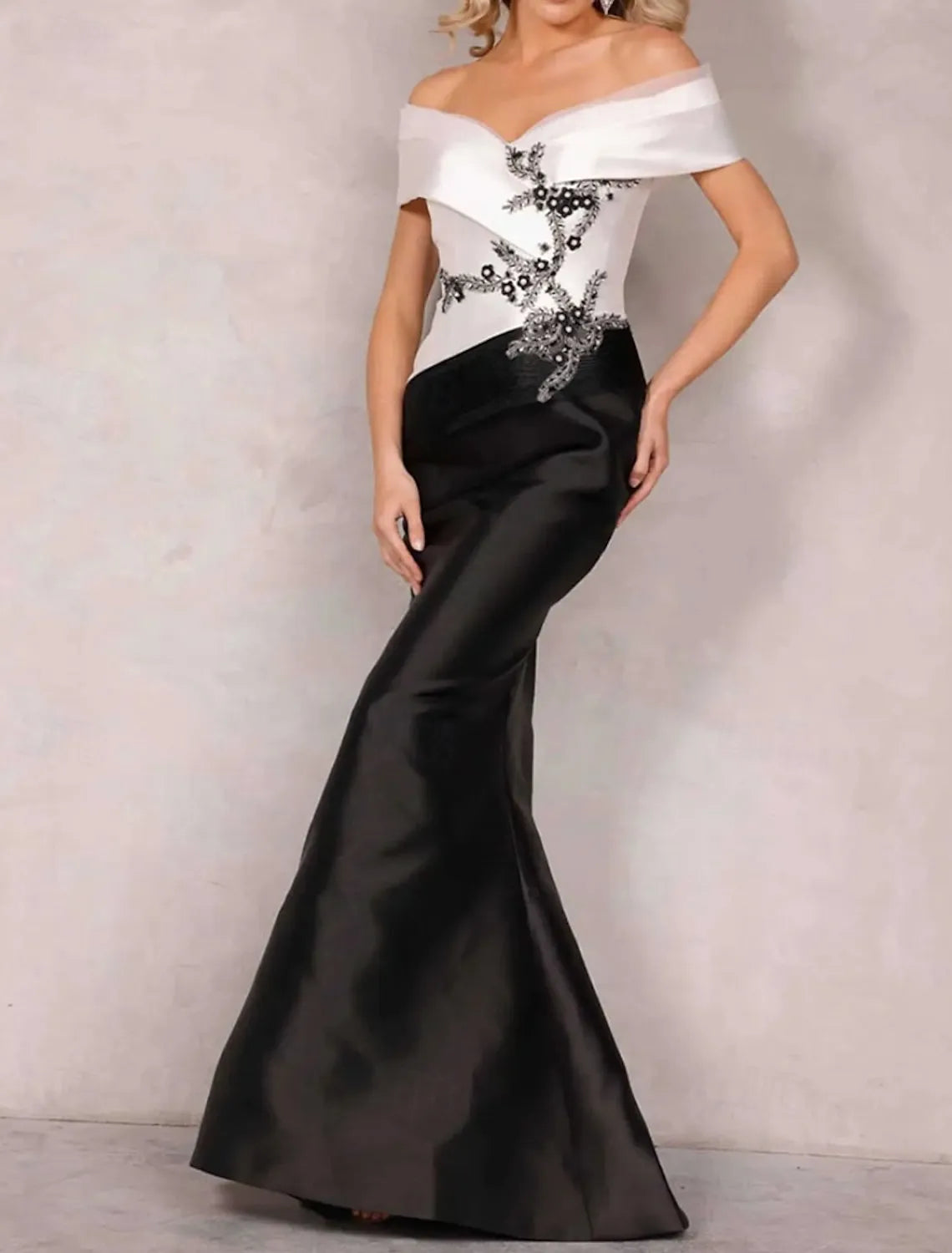 Glamorous Mermaid Off Shoulder Beaded Applique Black White Evening Dress For Sale