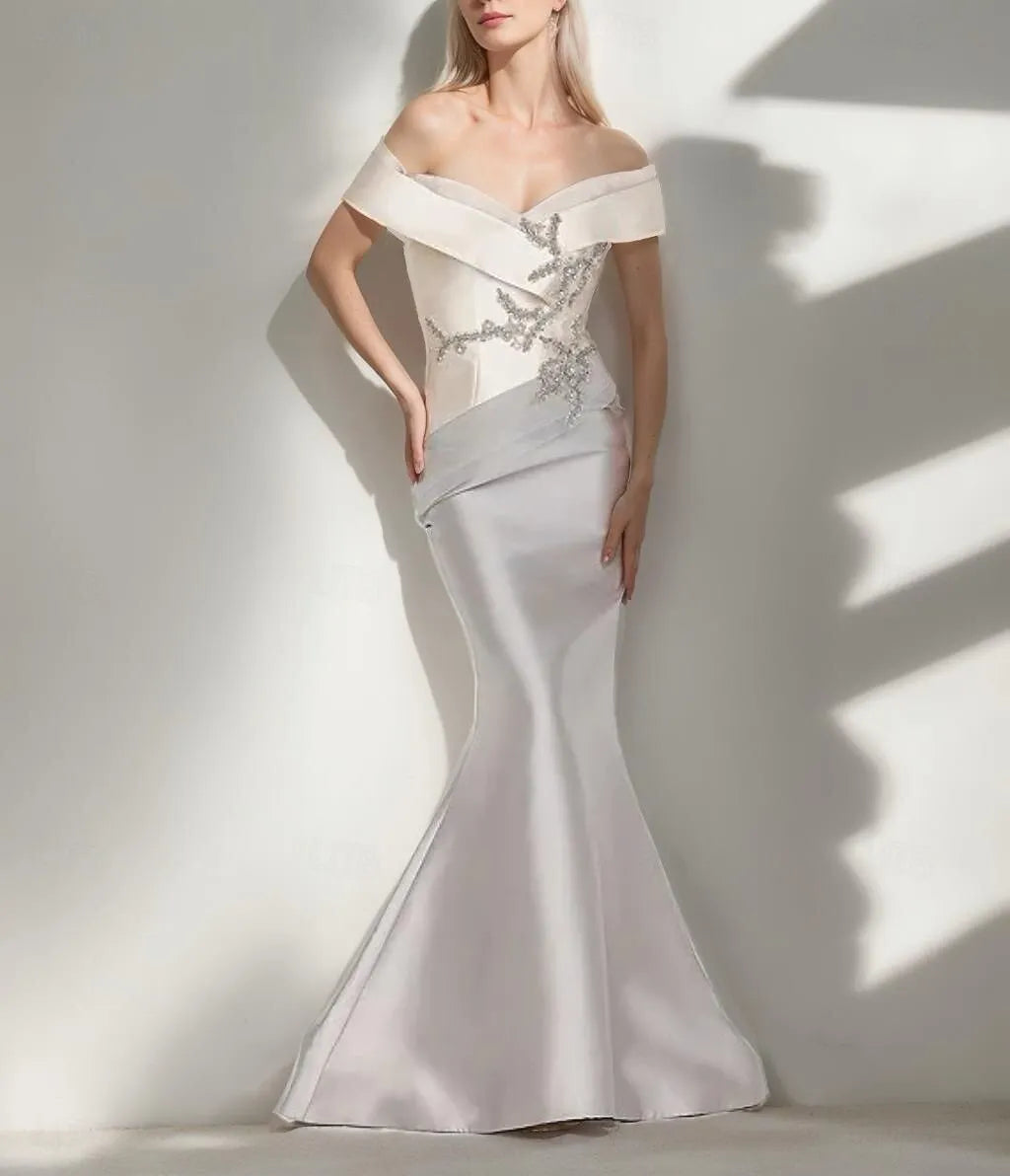 Glamorous Mermaid Off Shoulder Beaded Applique Black White Evening Dress For Sale