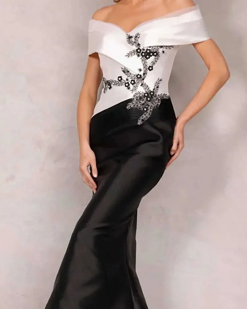 Glamorous Mermaid Off Shoulder Beaded Applique Black White Evening Dress For Sale