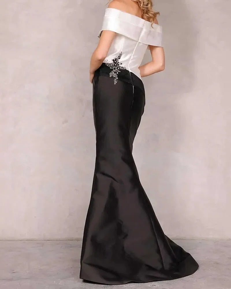 Glamorous Mermaid Off Shoulder Beaded Applique Black White Evening Dress For Sale