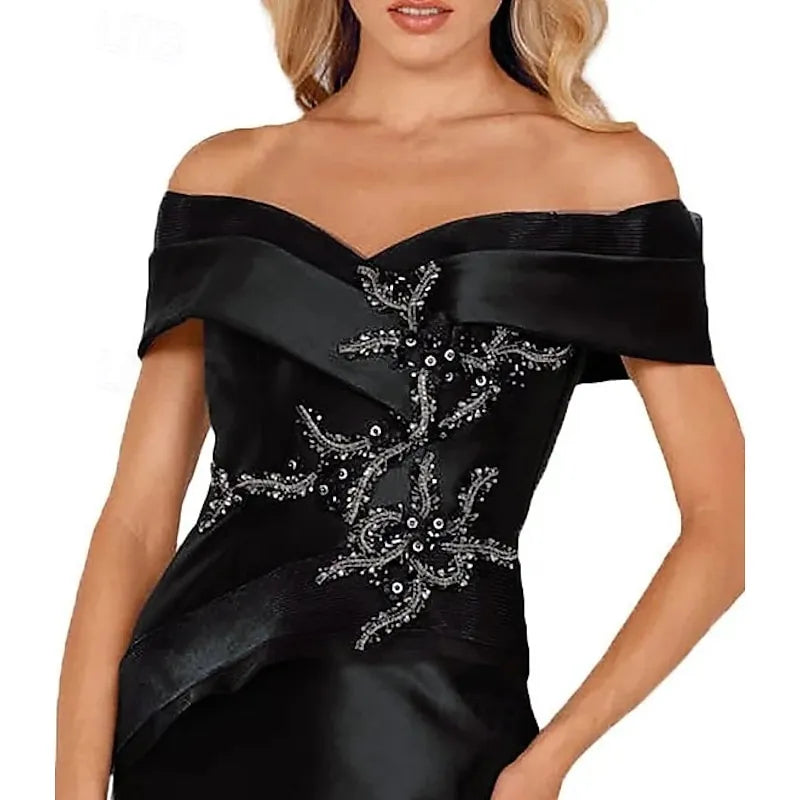 Glamorous Mermaid Off Shoulder Beaded Applique Black White Evening Dress For Sale