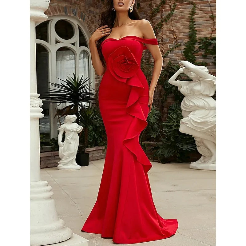 Glamorous Mermaid Off Shoulder Floral Ruffled Red Floor Length Prom Dress