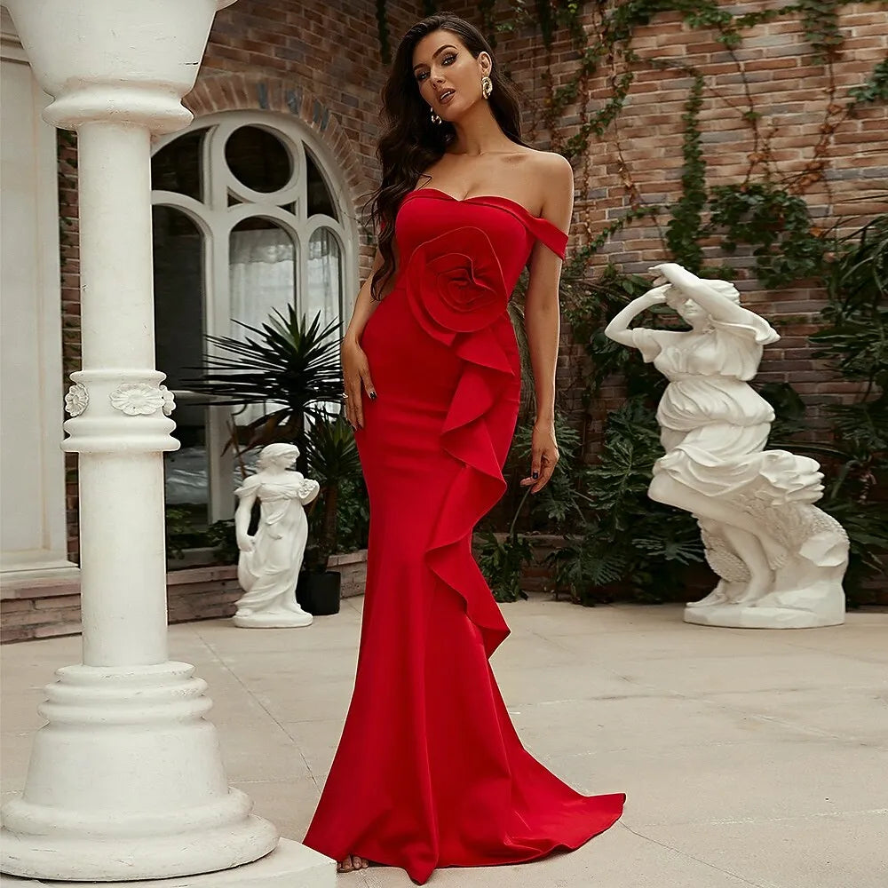 Glamorous Mermaid Off Shoulder Floral Ruffled Red Floor Length Prom Dress
