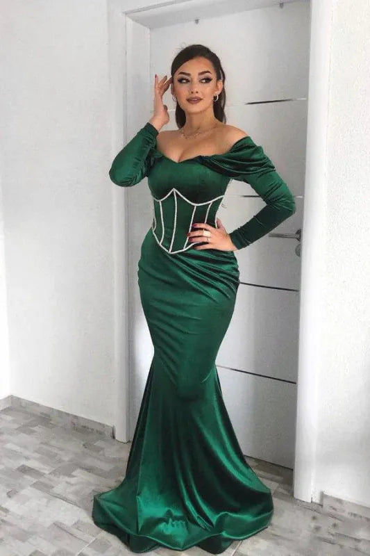 Glamorous Mermaid Off Shoulder Long Sleeve Corset Emerald Floor-Length Evening Dresses