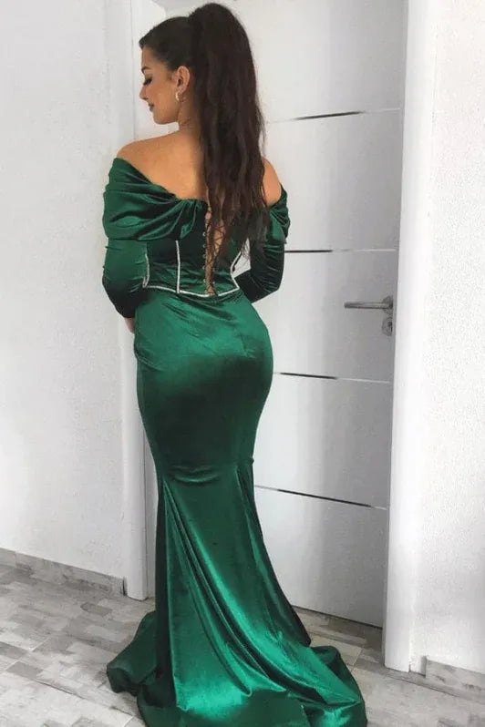 Glamorous Mermaid Off Shoulder Long Sleeve Corset Emerald Floor-Length Evening Dresses