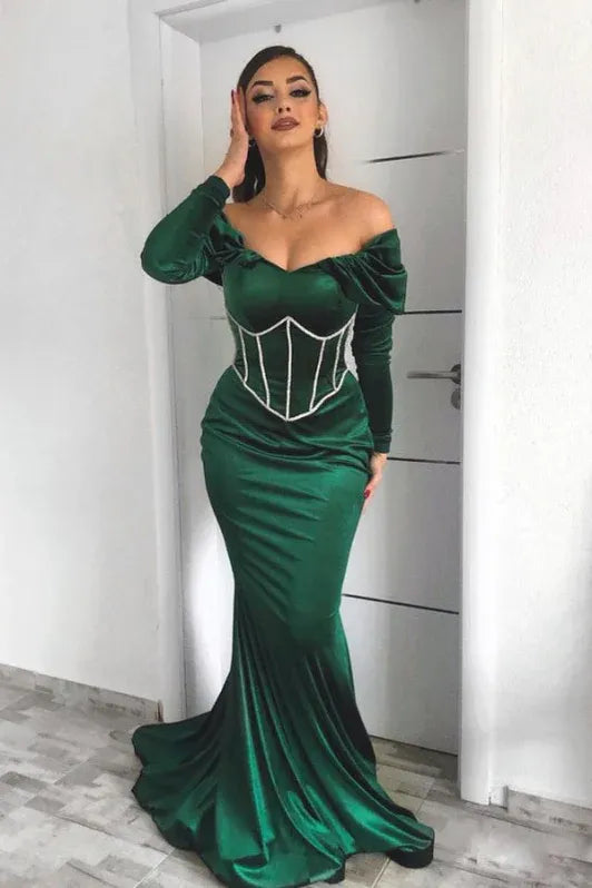 Glamorous Mermaid Off Shoulder Long Sleeve Corset Emerald Floor-Length Evening Dresses