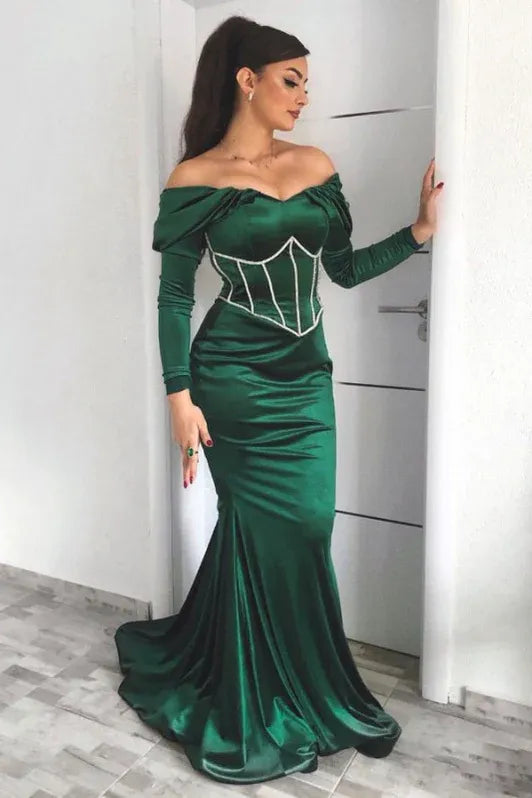 Glamorous Mermaid Off Shoulder Long Sleeve Corset Emerald Floor-Length Evening Dresses