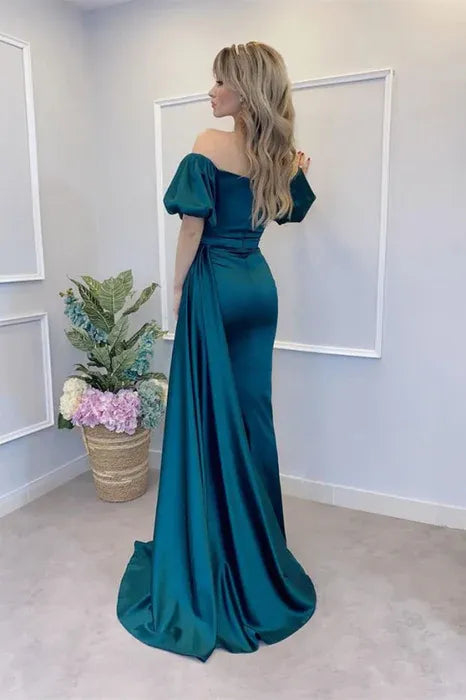 Glamorous Mermaid Off Shoulder Puffed Sleeve Teal Floor-Length Prom Dress For Women