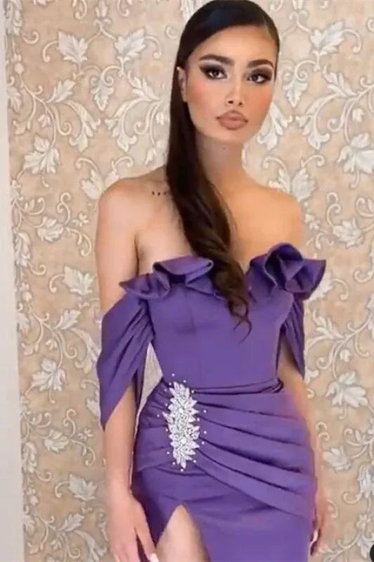 Glamorous Mermaid Off Shoulder Ruffled Beaded Purple Floor-Length Prom Dress For Women