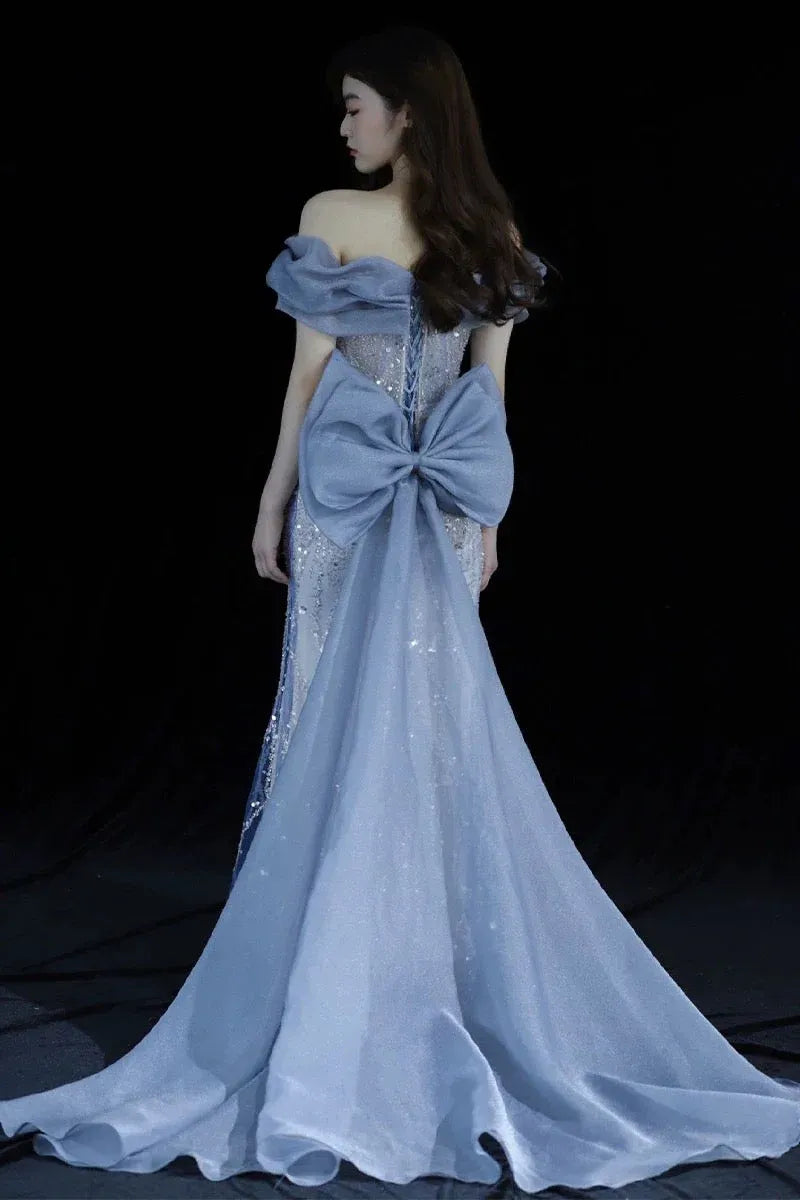 Glamorous Mermaid Off Shoulder Sequin Bow Blue Long Evening Dresses