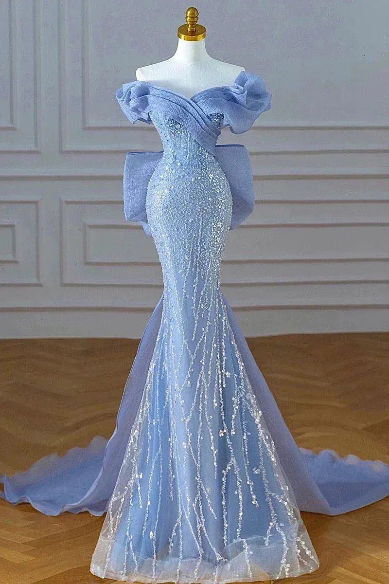 Glamorous Mermaid Off Shoulder Sequin Bow Blue Long Evening Dresses
