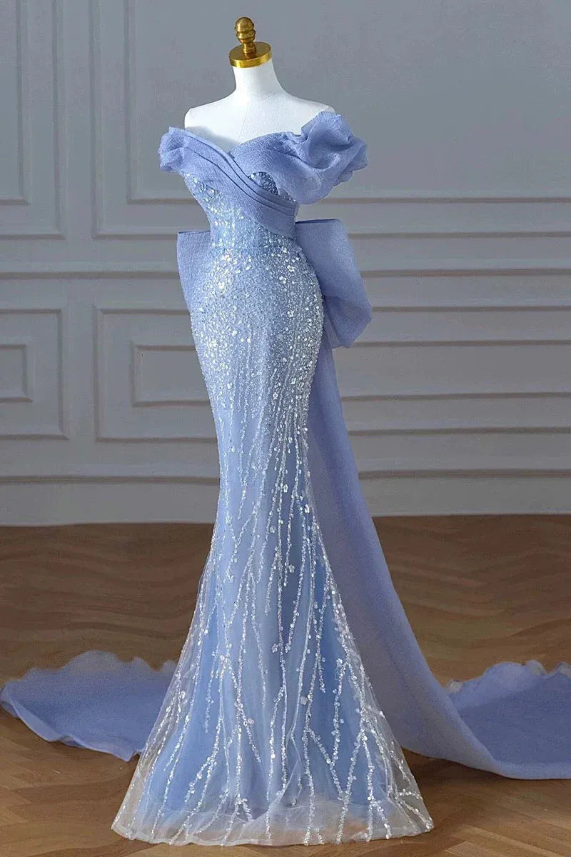 Glamorous Mermaid Off Shoulder Sequin Bow Blue Long Evening Dresses