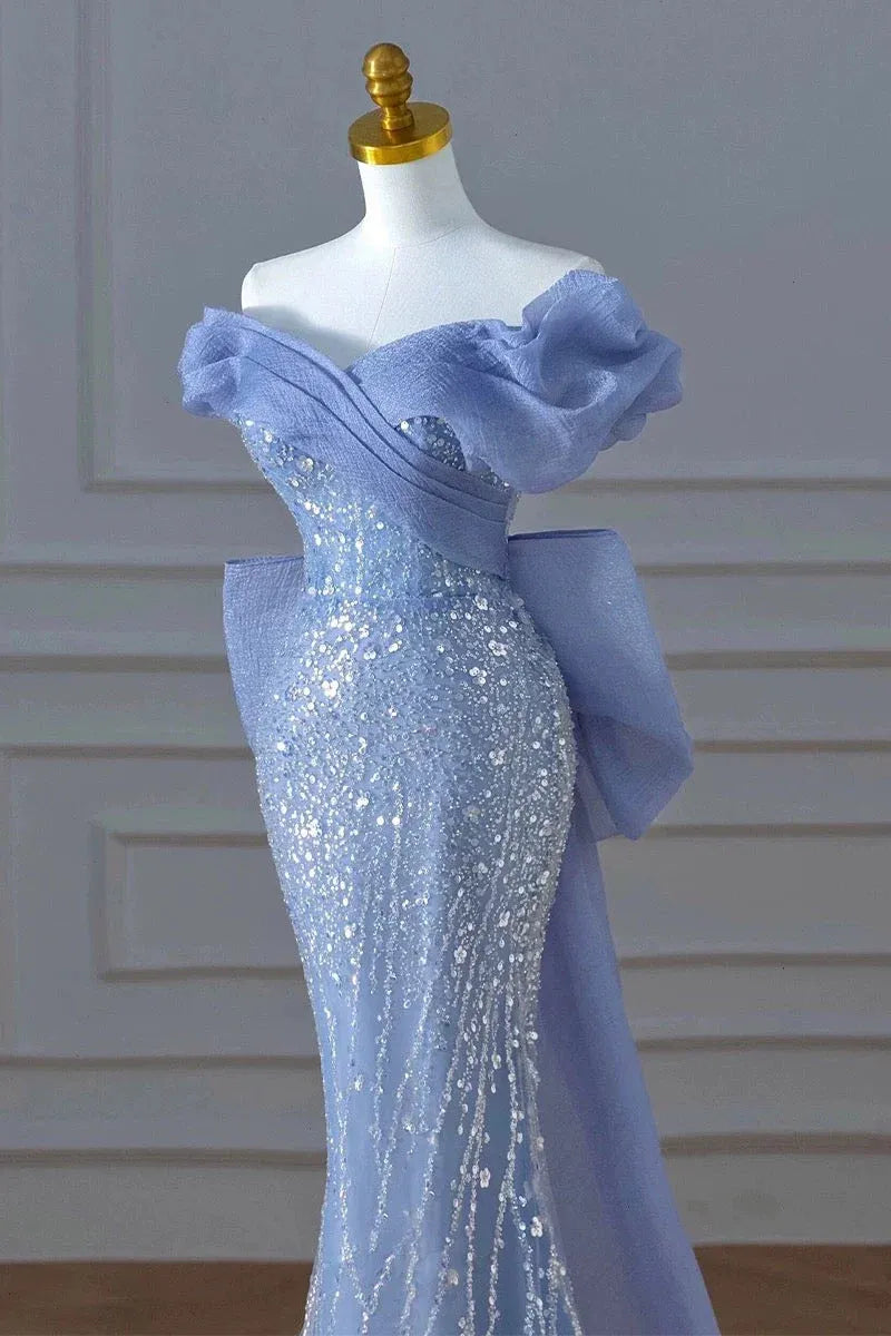 Glamorous Mermaid Off Shoulder Sequin Bow Blue Long Evening Dresses
